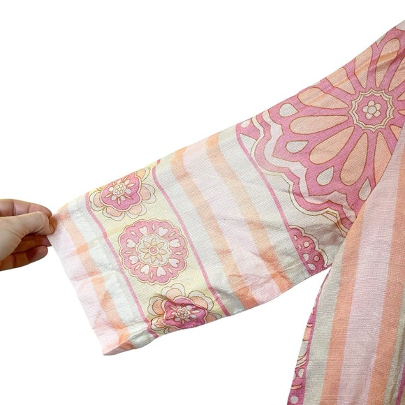 Vintage 60s 70s Kimono House Robe Dress Pink Orange MCM Floral Festival S/M - Picture 5 of 6